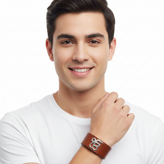 Wide Leather Ik Onkar Men’s Bracelet in silver - Jewelslane