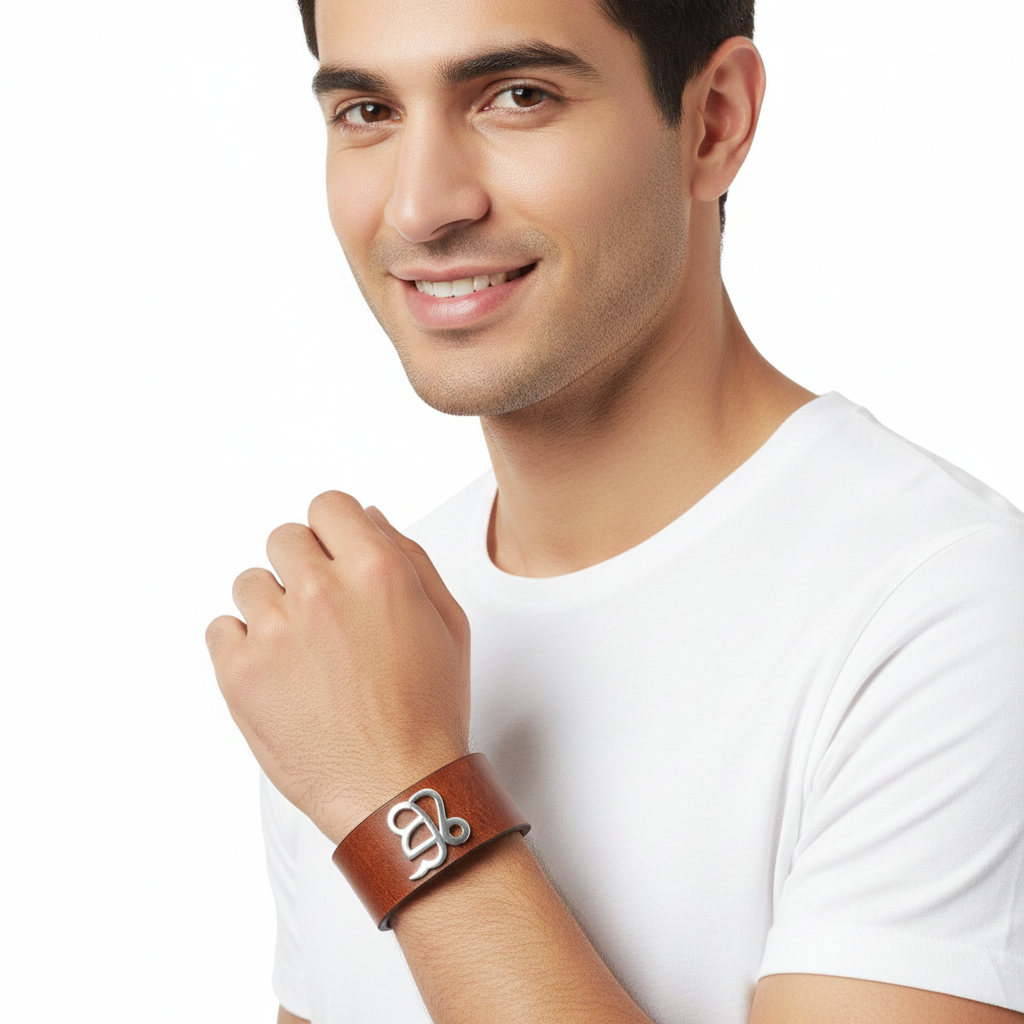 Wide Leather Ik Onkar Men’s Bracelet in silver - Jewelslane