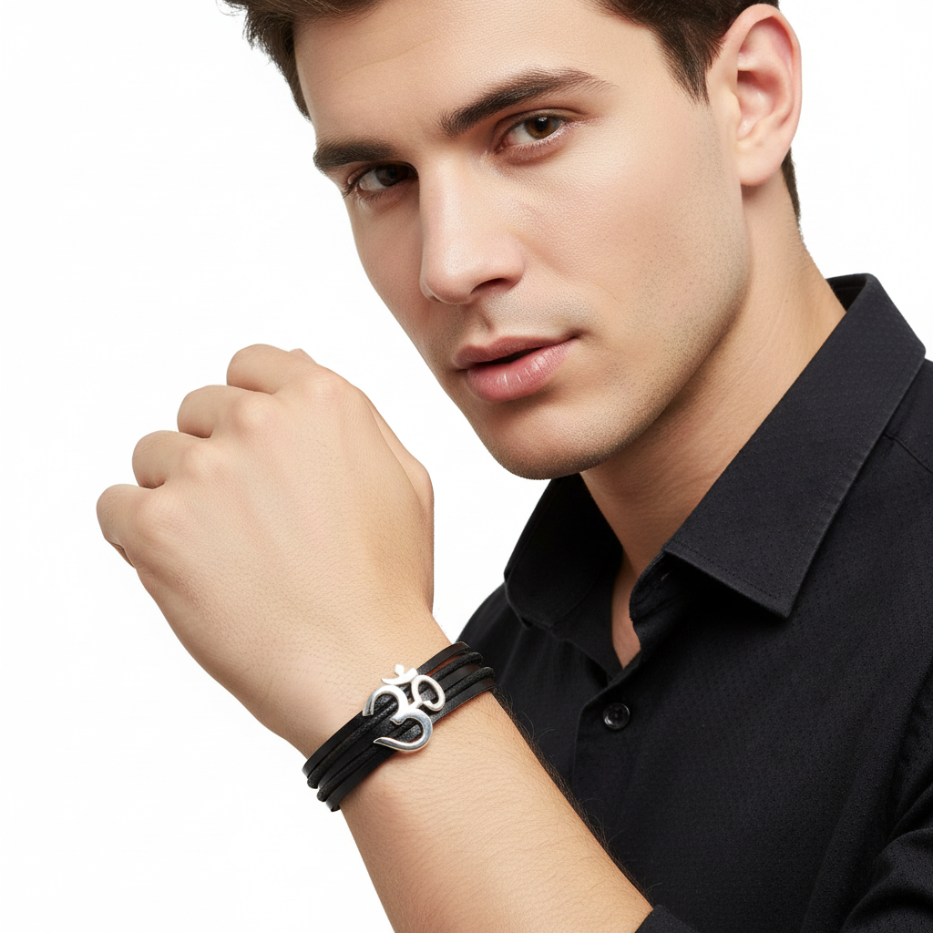 Wide Om Bracelet in Silver - Jewelslane
