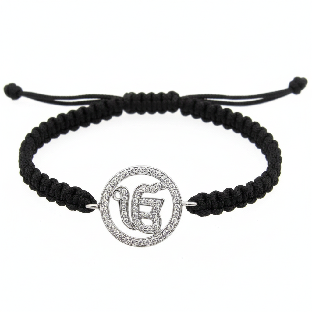 Ik Onkaar Bracelet in 925 Silver with Diamond on size adjustable Nylon Thread