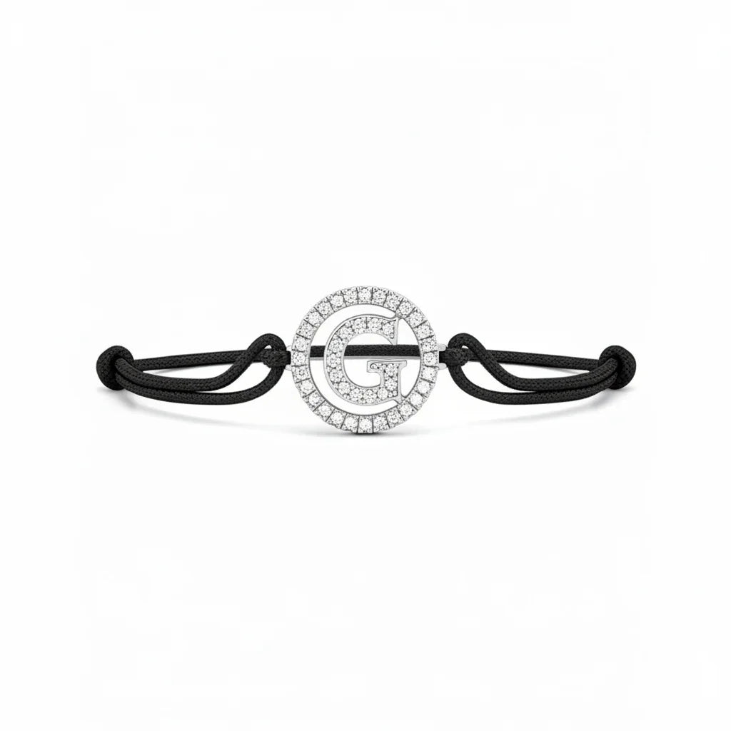 Diamond initial G bracelet with adjustable black cord, round pavé setting