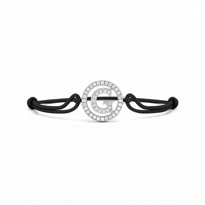 Diamond initial G bracelet with adjustable black cord, round pavé setting