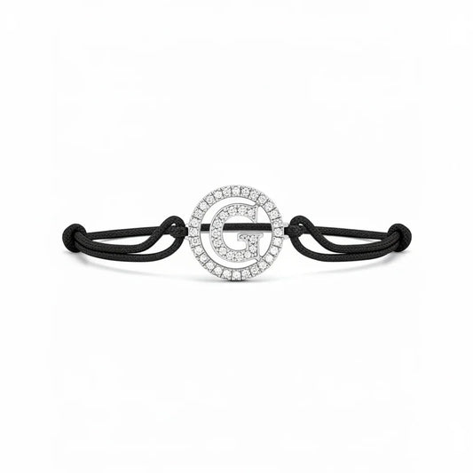 Diamond initial G bracelet with adjustable black cord, round pavé setting