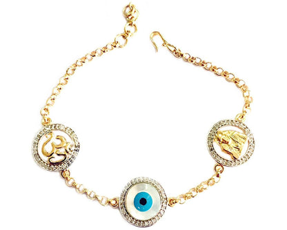 Om, Evil Eye and Sai Ram bracelet with 14mm charms in Gold - Jewelslane
