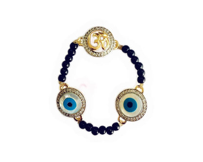 Evil eye and Aum 12mm charm bracelet on black beads for New born - Jewelslane