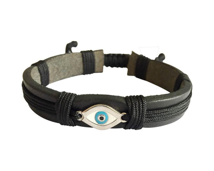 Evil Eye Silver Bracelet on Leather Band for Men with Adjustable Size - Jewelslane