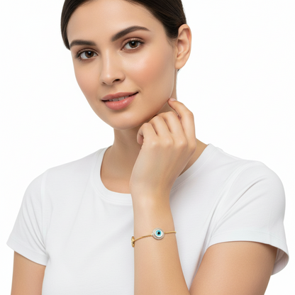 Evil Eye, Om & Sai Bracelet in gold with 10mm charms