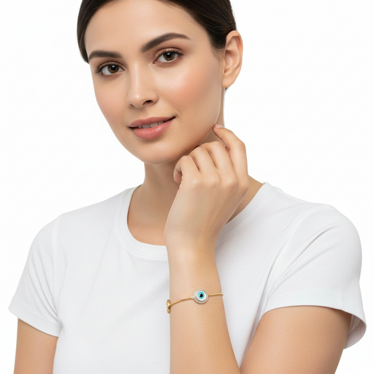 Evil Eye, Om & Sai Bracelet in gold with 10mm charms