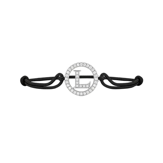 Diamond alphabet L silver bracelet with black adjustable cord on white background