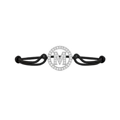 Diamond alphabet M bracelet with silver center and black adjustable cord