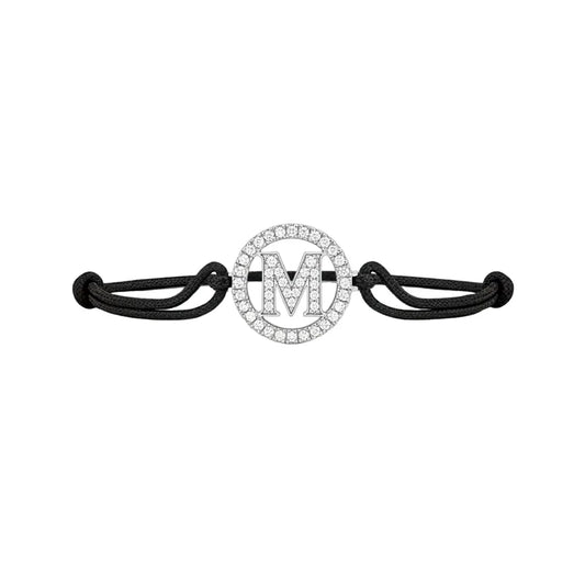 Diamond alphabet M bracelet with silver center and black adjustable cord
