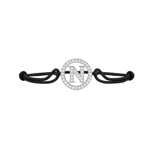 diamond letter N pendant bracelet with black cord on white background