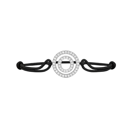 Silver alphabet O bracelet with diamonds and black adjustable cord