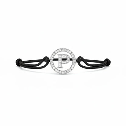 Silver diamond alphabet P bracelet with black adjustable cord, minimalist jewelry design