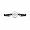 Silver diamond alphabet R bracelet with black adjustable cord on white background