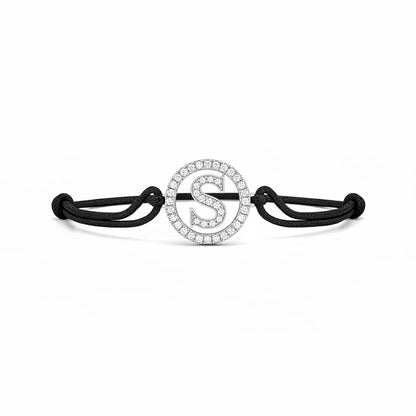 Silver diamond bracelet with letter S charm and black adjustable cord