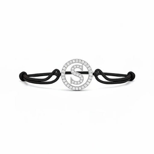Silver diamond bracelet with letter S charm and black adjustable cord