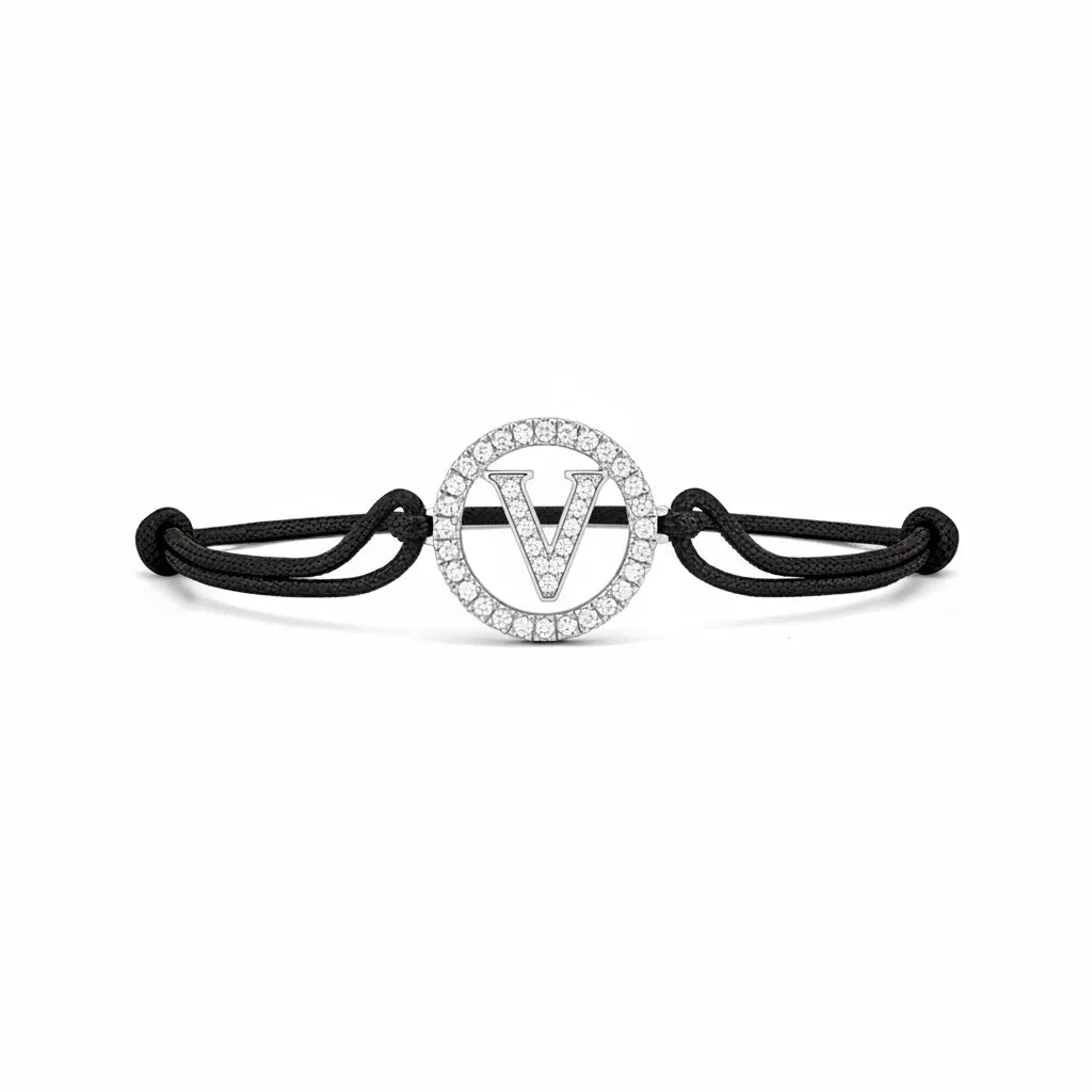 Silver diamond bracelet with letter V charm on black adjustable cord