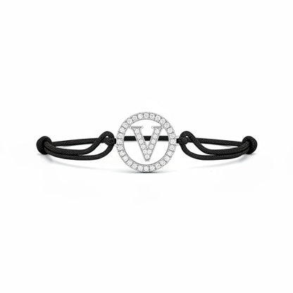Silver diamond bracelet with letter V charm on black adjustable cord
