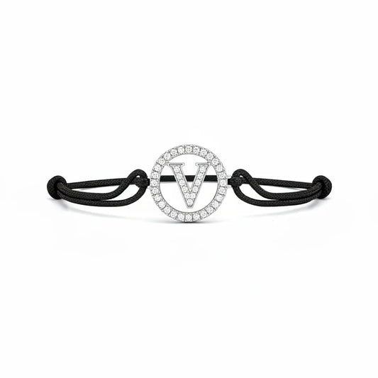 Silver diamond bracelet with letter V charm on black adjustable cord