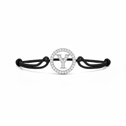 Elegant diamond-encrusted letter Y pendant on black cord bracelet, perfect for men & women