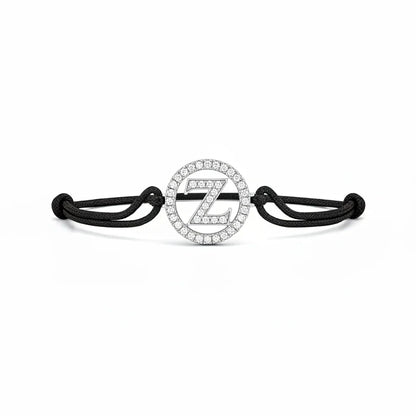 Diamond-encrusted letter Z pendant on black cord bracelet, elegant statement jewelry for men or women