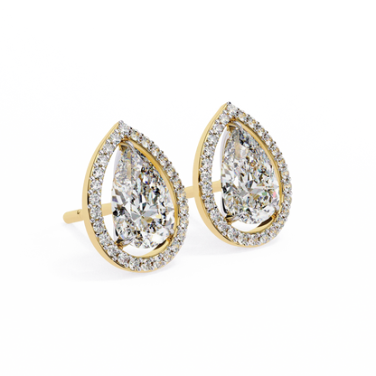 Leena Pear Shape Lab Grown Diamond Solitaire Earrings with diamond Halo in Gold - Jewelslane