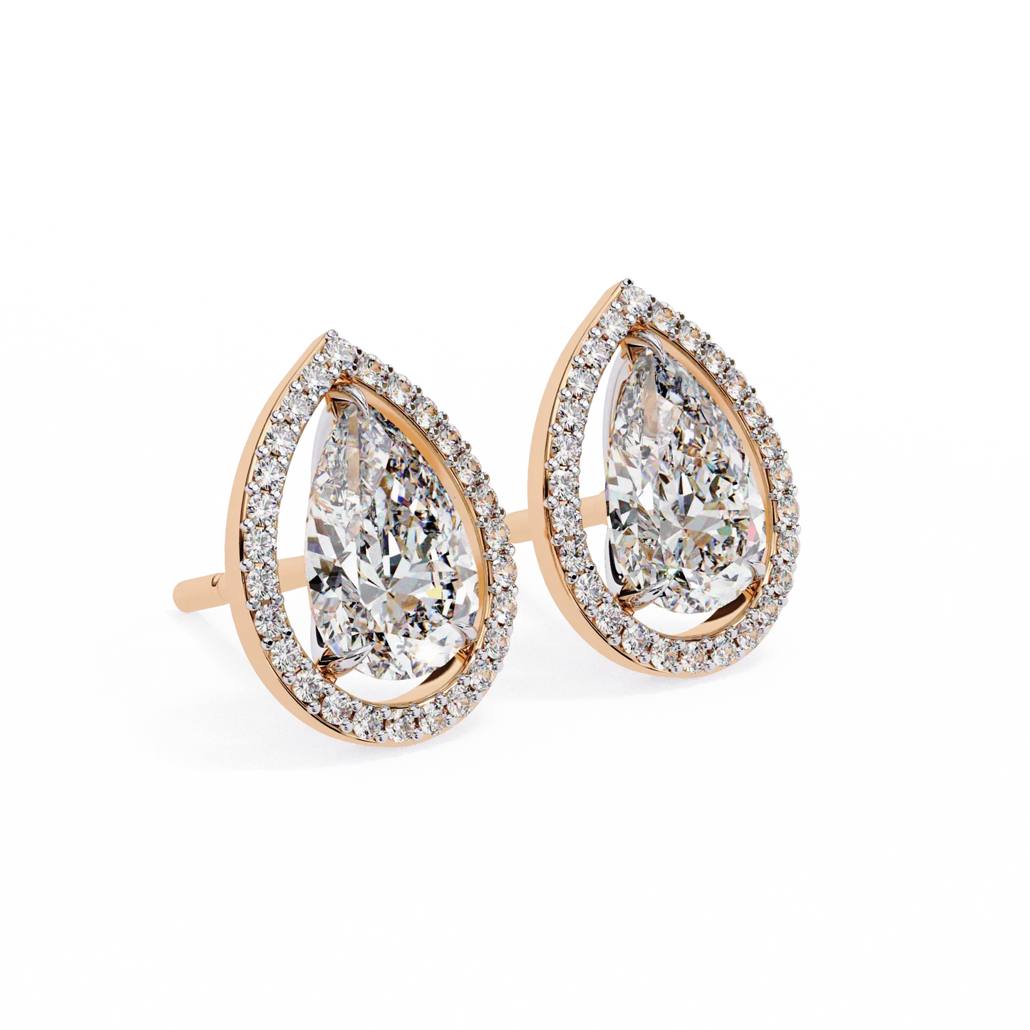 Leena Pear Shape Lab Grown Diamond Solitaire Earrings with diamond Halo in Gold - Jewelslane