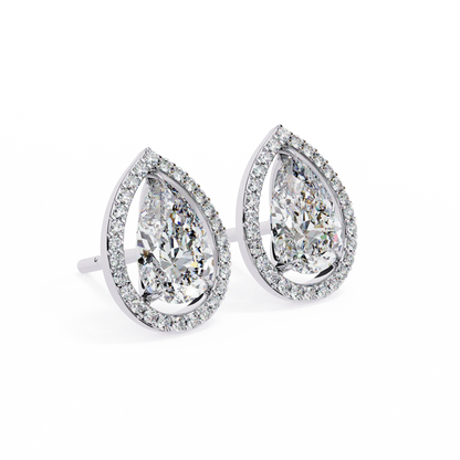 Leena Pear Shape Lab Grown Diamond Solitaire Earrings with diamond Halo in Gold - Jewelslane