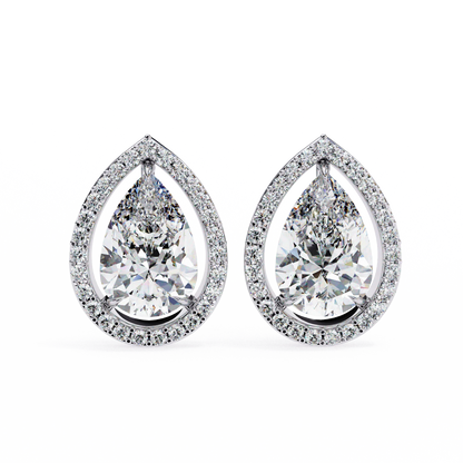 Leena Pear Shape Lab Grown Diamond Solitaire Earrings with diamond Halo in Gold - Jewelslane