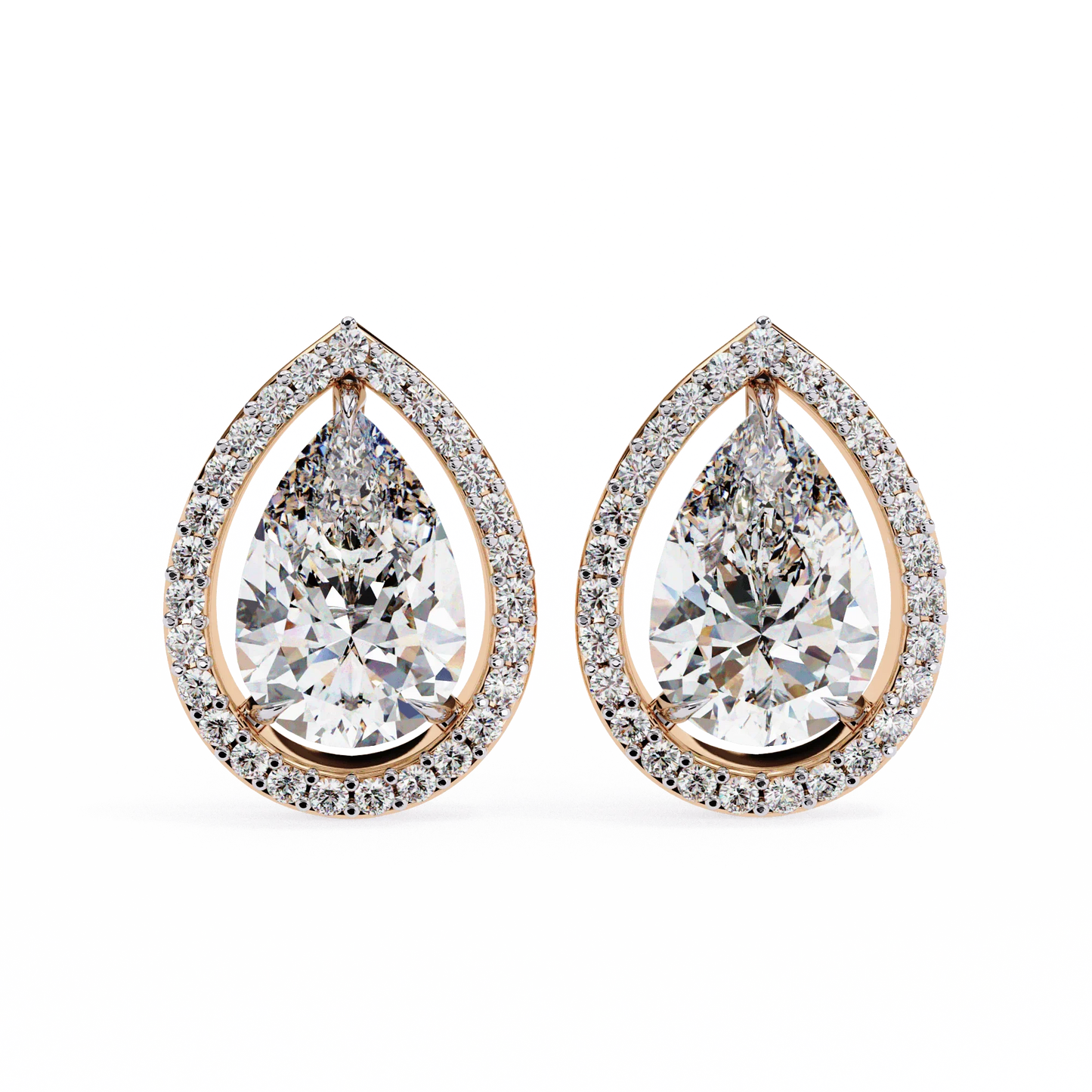 Leena Pear Shape Lab Grown Diamond Solitaire Earrings with diamond Halo in Gold - Jewelslane
