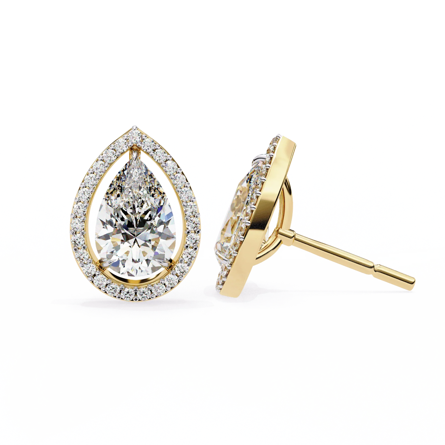 Leena Pear Shape Lab Grown Diamond Solitaire Earrings with diamond Halo in Gold - Jewelslane