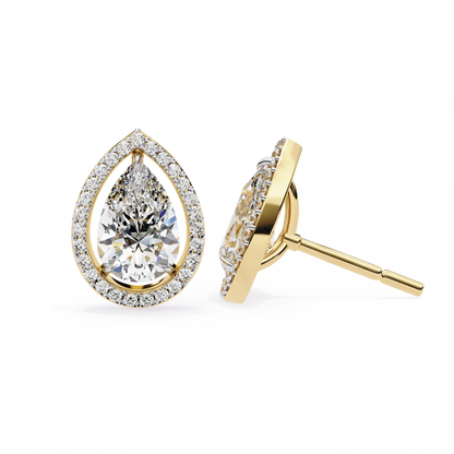 Leena Pear Shape Lab Grown Diamond Solitaire Earrings with diamond Halo in Gold - Jewelslane