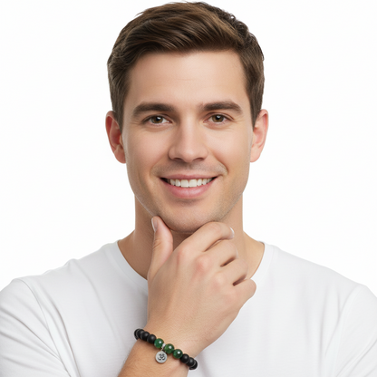 Aumkaara Balance bracelet in silver with Moss Agate and black onyx -jewelslane