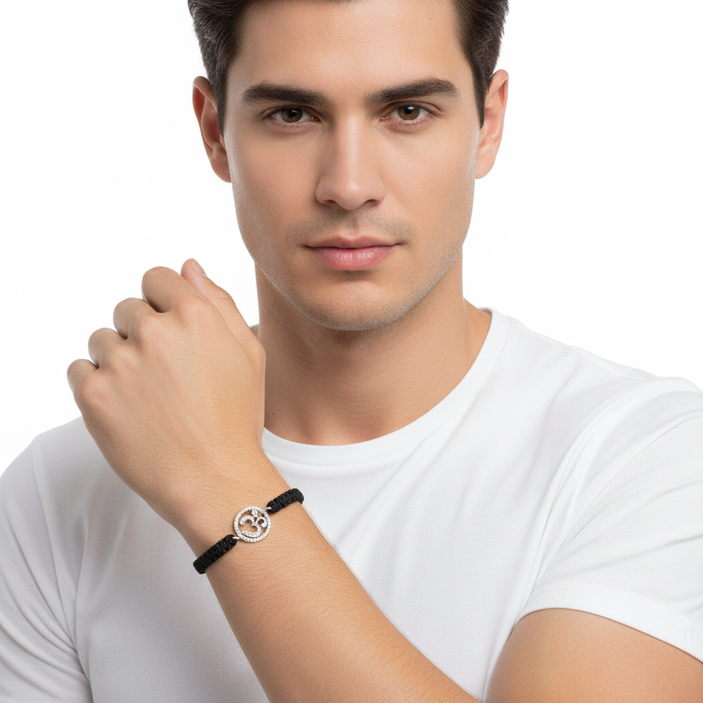 Aum Bracelet in Silver with Diamonds on Nylon Braided Thread from Aumkaara