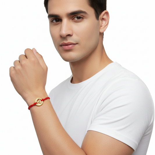 Gold Plated Om Rakhi In Silver On Free Size Adjustable Thread