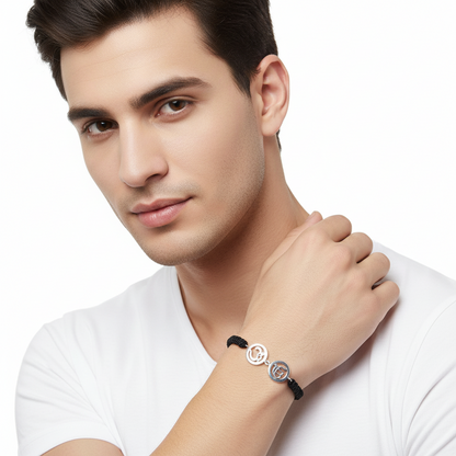 Om & Ik Onkaar Bracelet in Silver with Diamonds on Nylon thread