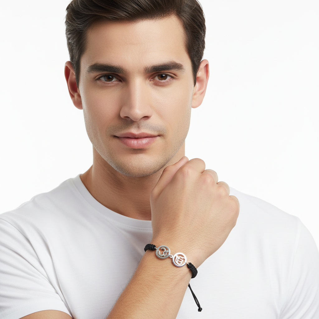 Om & Ik Onkaar Bracelet in Silver with Diamonds on Nylon thread