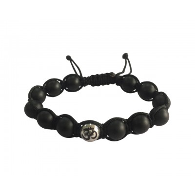 Silver om with 10mm Black Onyx beads