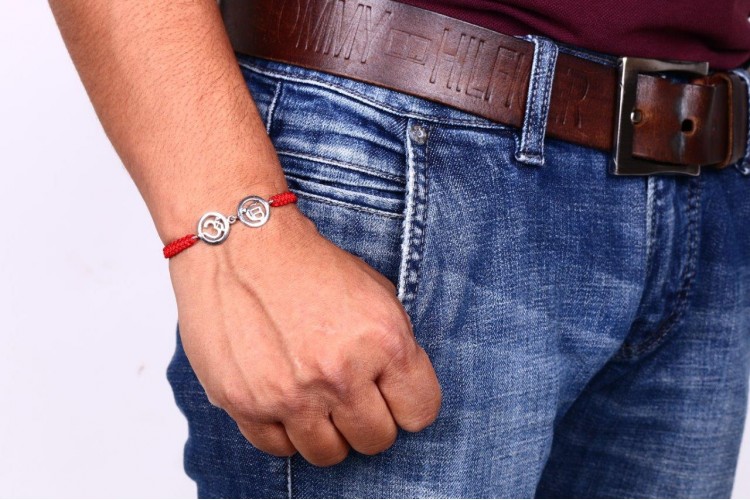 Om & Ik Onkaar Bracelet in Silver with Diamonds on Nylon thread