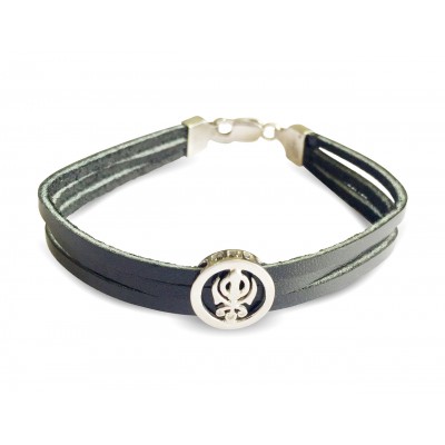 Khanda Silver Bracelet On Leather Strap for men with silver lock