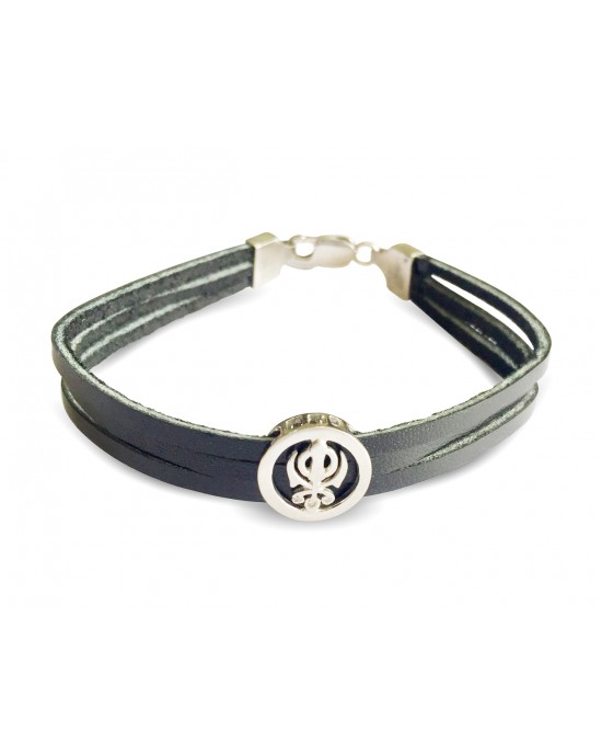 Khanda Silver Bracelet On Leather Strap for men with silver lock