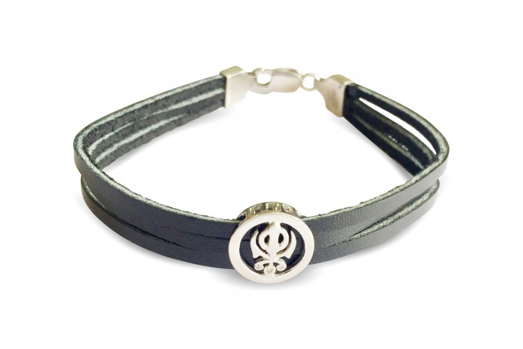 Khanda Silver Bracelet On Leather Strap for men with silver lock