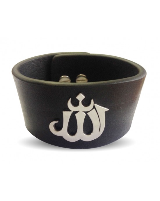 Wide leather Band Allah Bracelet