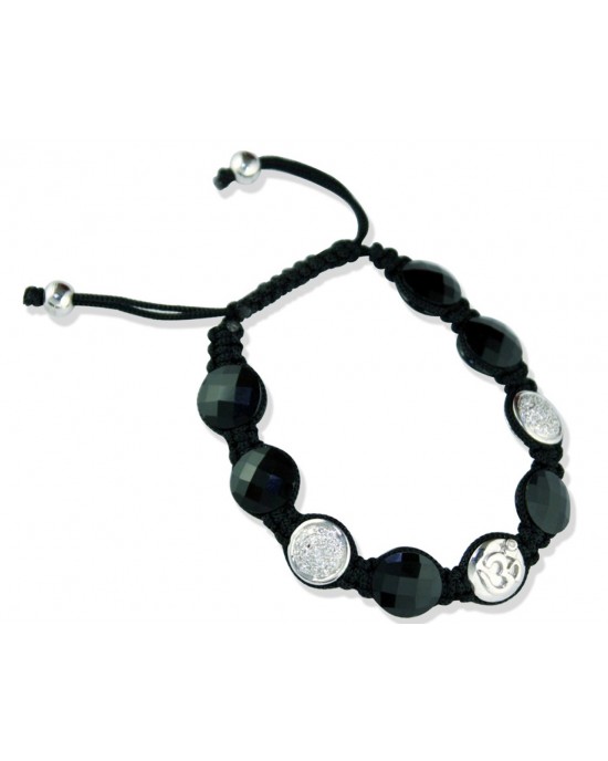 Om Bracelet with 2 Diamond Beads in Silver & Onyx