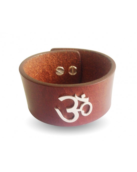 Wide Leather Band Om Bracelet