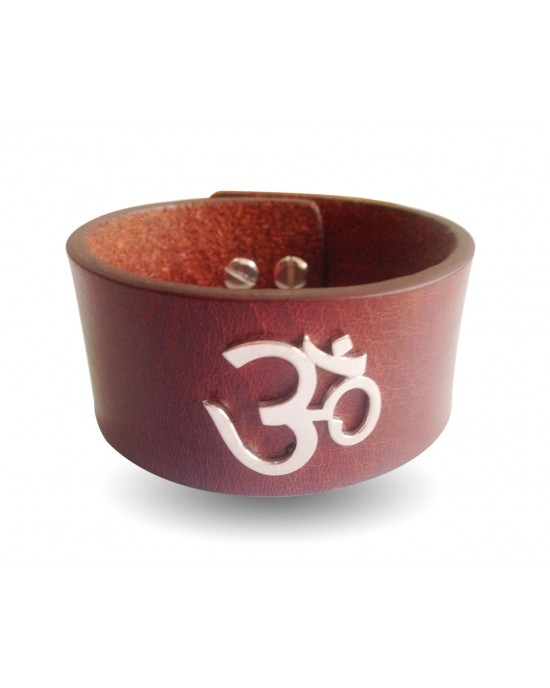 Wide Leather Band Om Bracelet