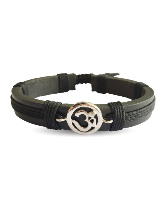 Auspicious Aum Bracelet in silver  for Boys On Leather & Nylon Cord