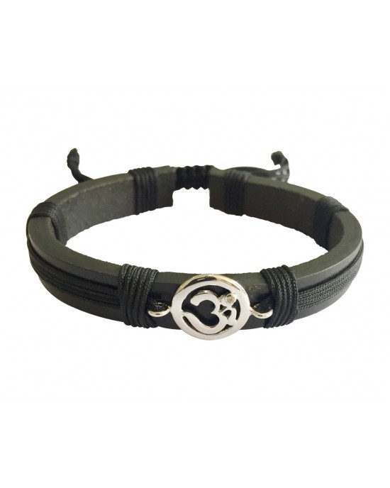 Auspicious Aum Bracelet in silver  for Boys On Leather & Nylon Cord