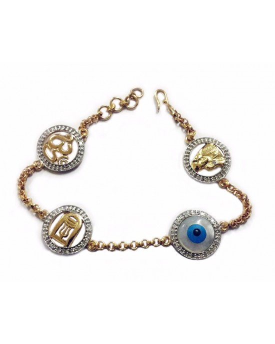 Evil Eye, Aum, Shiv Trishul and ShivLing and Sai Ram all in one, gold bracelet with diamonds